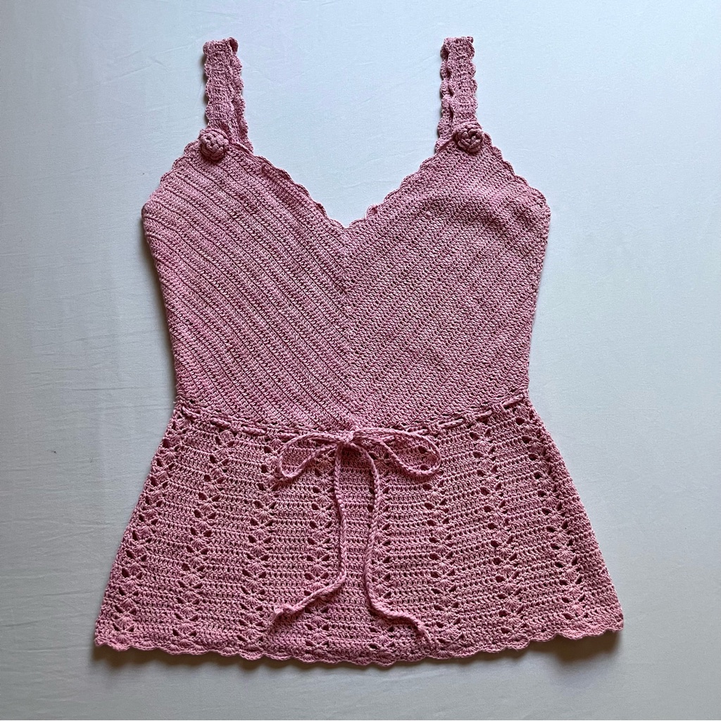 Wolfe Pink Crochet Open Knit Tie Waist Sleeveless Sweater Tank Top